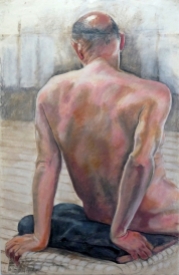 seated male nude bald rear view leaning back (667x1024)