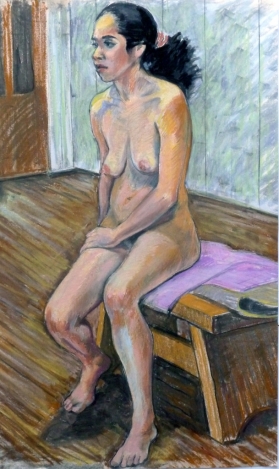 seated nude threequarter view black bushy ponytail (609x1024)
